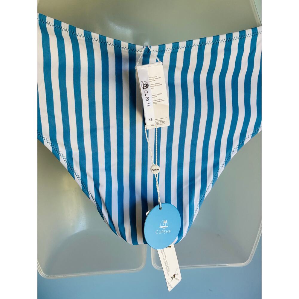 Cupshe XS Swimsuit Blue and White Floral and Striped 2 Piece - Picture 8 of 9